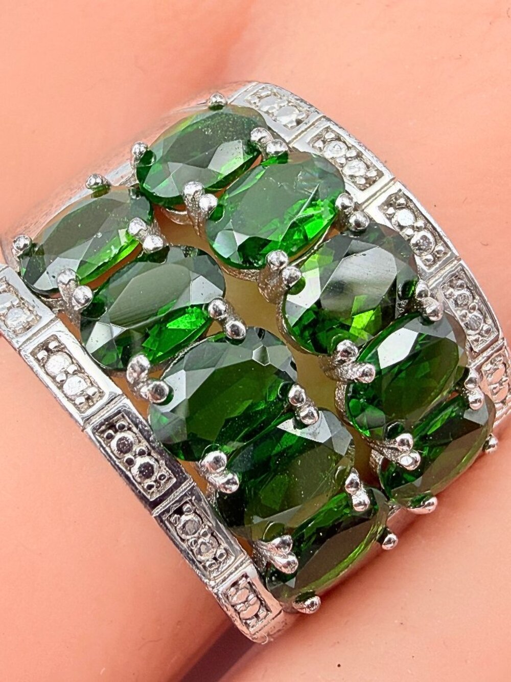 Marked DK Sterling Silver Double Row Diopside Green Iolite CZ Ring Sz 7.75